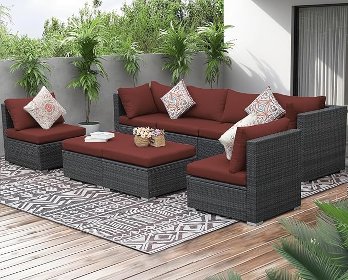 NICESOUL 8 Piece Modern Patio Couch Set, 29.3'' High Back Oversized Wicker Outdoor Sectional Furniture with Ottoman, Wide Seating Comfy Conversations for Backyard Deck, 2 Color Cushion Wine & Gray