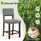 COSTWAY Bar Stools Set of 2, Linen 24.5 Inch Counter Height Chairs with Hollowed Backs, Rubber Wood Legs, Upholstered Barstools for Kitchen Island Home Bar Pub Dining Room, Grey