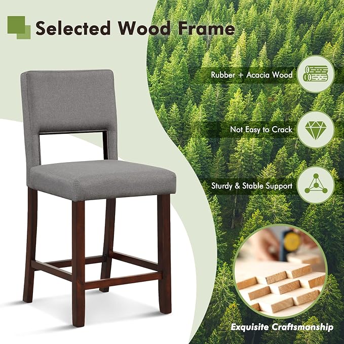 COSTWAY Bar Stools Set of 2, Linen 24.5 Inch Counter Height Chairs with Hollowed Backs, Rubber Wood Legs, Upholstered Barstools for Kitchen Island Home Bar Pub Dining Room, Grey