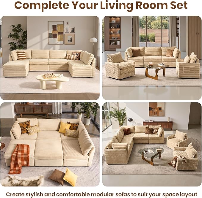 32.7'' Ottoman for Modular Sectional Sofa, Deep Seat Upholstered Footstool for Sofas Set, L/U/V Shaped Plush Corduroy Cloud Couch for Living Room Apartment, Beige
