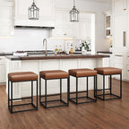 PHI VILLA Brown Leather Bar Stools Set of 4, Counter Height Barstools Kitchen Chairs, 24 inch Counter Stools