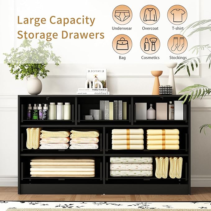 3-Piece Modern Bedroom Furniture Set, Wide 7-Drawer Dresser & 3-Drawer Nightstands Set of 2, Natural Wood Dresser and Nightstand Sets for Bedroom, Hallway, Black