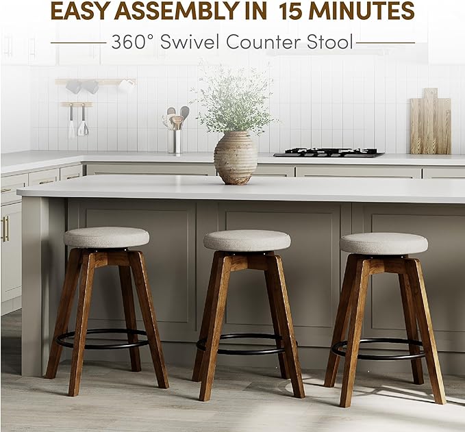 Swivel Premium Solid Wood Counter Stool 25", Set of 2, 360° Rotating Upholstered Cushion, Backless Bar Chair for Island, Pub, Kitchen, Dining Room (Walnut)