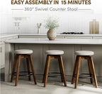 Swivel Premium Solid Wood Counter Stool 25", Set of 2, 360° Rotating Upholstered Cushion, Backless Bar Chair for Island, Pub, Kitchen, Dining Room (Walnut)