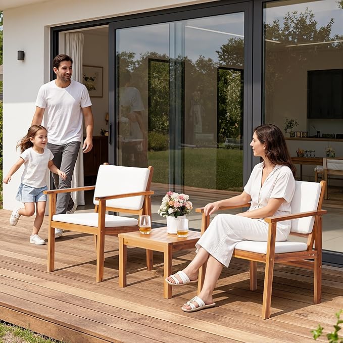 Flamaker Patio Chairs 3 Piece Acacia Wood Patio Furniture with Coffee Table & Cushions Outdoor Conversation Set Balcony Chairs for Porch, Deck, Backyard