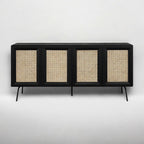NTC MOSSIC Modern Sideboard with 4 Doors, Natural Rattan Storage Cabinet, Buffet with Metal Legs, Boho Accent Cabinet for Living Room, and Entryway, Effortless Assembly - Burnt Black