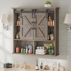 Vabches Bathroom Wall Cabinet, Farmhouse Wooden Medicine Cabinet with Double Sliding Barn Door and Adjustable Shelves, Farmhouse Storage Cabinet Wall Mounted for Bathroom, Kitchen Dining, Washed Oak