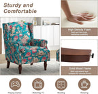 Pia Ricco Set of 2 Floral Accent Chairs, High Back Upholstered Armchairs with Retro Wingback Design, Nailhead Trim & Solid Wood Legs for Living Room Bedroom(Peacock Blue)