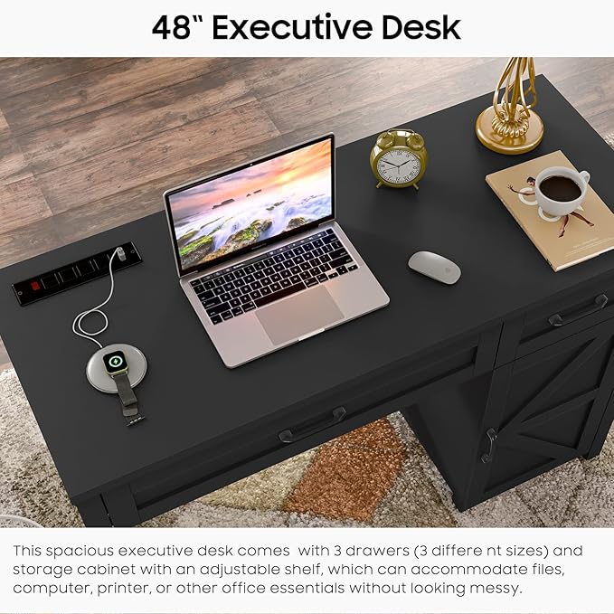 Farmhouse 47" Executive Desk, Computer Desk with Drawers and Storage Cabinet, Workstation Computer Desk for Home Office, Study.Pure Black