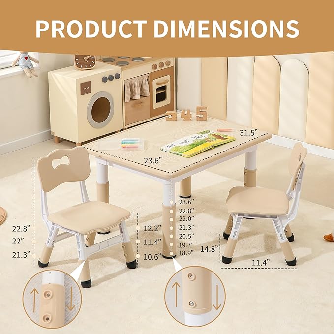 Toddler Table and 2 Chairs, Height-Adjustable Kids Table and Chairs Set, 31.5''L x 23.6''W Children Activity Table for Boys and Girls Aged 3-8