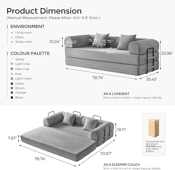 79" Convertible Sofa Bed with Fixed-Shape Frame & Removable Armrests, Modular Corduroy Sleeper Sofa, Folding Mattress Couch for Small Spaces - No Assembly Needed in Light Gray (Includes 2 Pillows)