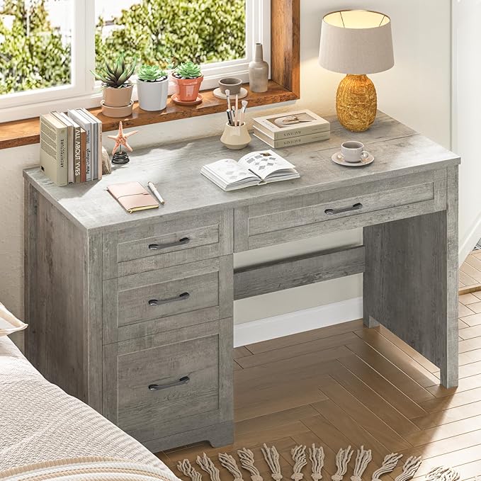 Vabches Farmhouse 47" Executive Desk with File Drawer, Wood Computer Desk with 3 Storage Drawers, Workstation for Home Office, Study, Writing.Grey.