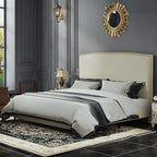 King Size Bed Frame with Upholstered Headboard, 56" Modern Platform Bed, Soft Boucle Fabric & Gold Nailhead Trim, No Box Spring Required, Cream