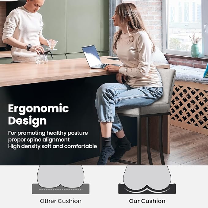 PHI VILLA Light Grey Bar Stools Set of 3, Faux Leather Counter Height Chairs, Kitchen Stools for Island, 24 Inch Barstools with Back