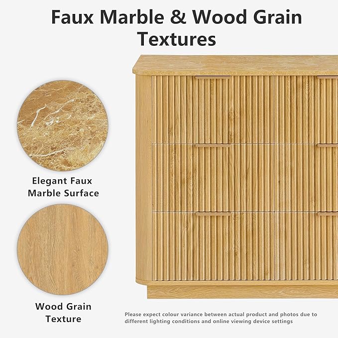 win2win 9 Drawer Dresser, Mid Century Modern Dresser with Storage, 55" Wide Fluted Chest of Drawers with Faux Marble Top, Dressers TV Stand, Drawers Organizer for Bedroom, Living Room, Hallway Oak