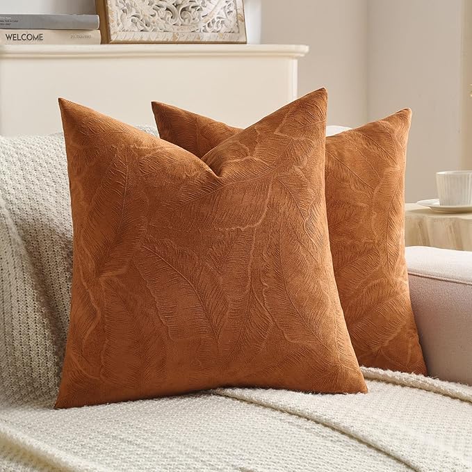 FUTEI Rust Velvet Throw Pillow Covers 22x22 Inch Set of 2,Soft Embossed Leaf-Relief Textured Cushion Cases,Natural Home Decor for Couch Living Room