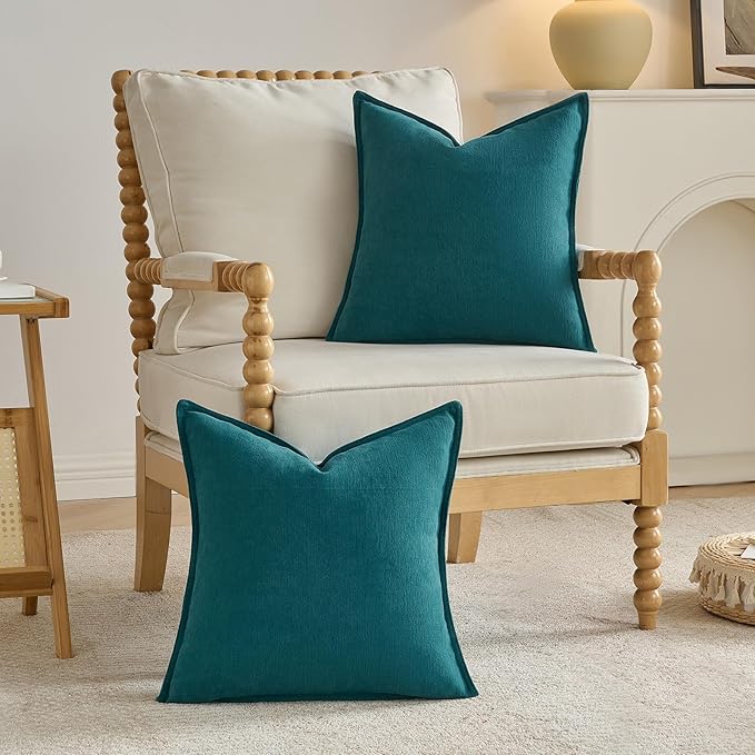 FUTEI Teal Chenille Throw Pillow Covers 18x18 Inch Set of 2,Edges Double-Stitched Cushion Cases,Modern Home Decor for Couch Living Room