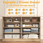 Bigbiglife 6 Drawers Dresser for Bedroom Wooden Drawer with Open Storage Cubby, Double Wide Dresser Organizer for Bedroom, Living Room, Entryway, Hallway (Light Oak)