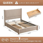 VELOCAVA Queen Size Upholstered Bed Frame with 51.77" Tall Headboard and Soft Rounded Corners, Side Storage Drawers, 12-Slat Support, No Box Spring Needed, Linen-Blend Fabric, Beige