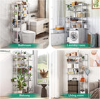 8-Tier Over The Toilet Storage with Side Rack, Over Toilet Storage Rack with Adjustable Shelf & Drain Basket, Freestanding Bathroom Organizer for Balcony, Laundry (Pure White)