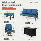 Patio Furniture Set, 6 Pcs Metal Outdoor Conversation Set, 2 Swivel Chairs, 2 Ottomans and 3 Seater Sofa with 5.75" Extra Thick Cushion and Gas Fire Pit Table, Gemstone Blue
