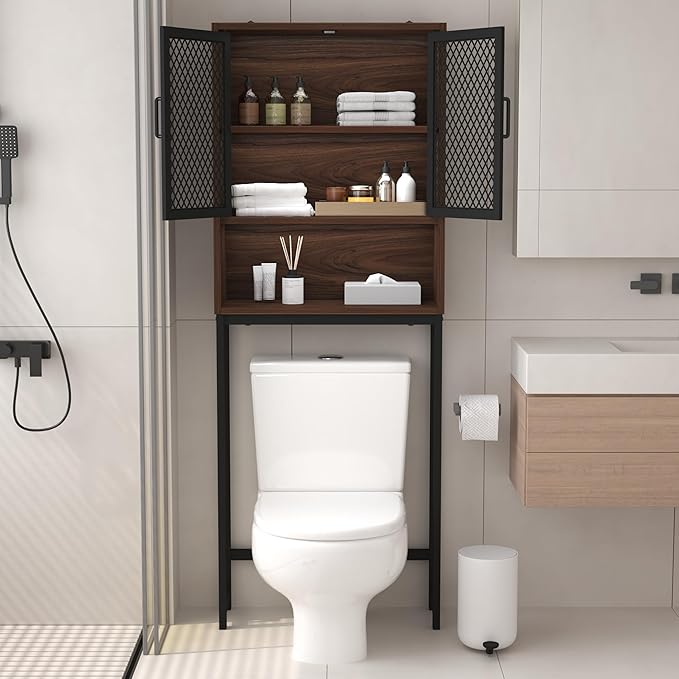Launica Over The Toilet Storage Cabinet, Bathroom Organizer Over Toilet, Wood Metal Industrial Bathrooms Space Saver Shelf, Freestanding Bathrooms Cabinet Above Toilet wtih Rack, Walnut