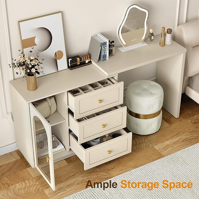 RoyalCraft L Shaped Home Office Desk, Extendable and Rotatable Desk with 3 Drawers and Door, Corner Computer Desk, Modern Study Writing Table for Bedroom, Home Office, Beige