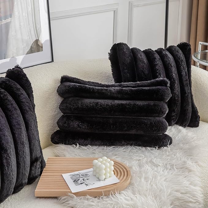 Neelvin Black Faux Fur Cozy Soft Striped Decorative Throw Pillow Covers 26x26 inch Set of 2,Velvet Pillowcase Cushion Case for Sofa Couch