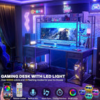 Aheaplus Desk with LED and Outlets, Gaming Desks with Hutch, 55.2'' Computer Desk with Drawers, Reversible Office Desk with Storage Bookshelf Large Workstation with Shelf, Desk for Home, Black Oak