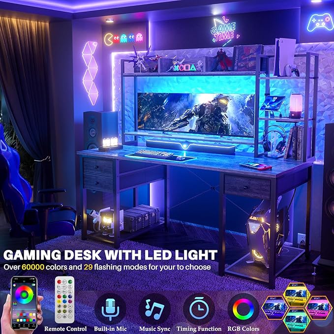 Aheaplus Desk with LED and Outlets, Gaming Desks with Hutch, 55.2'' Computer Desk with Drawers, Reversible Office Desk with Storage Bookshelf Large Workstation with Shelf, Desk for Home, Black Oak