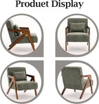 Mid-Century Modern Accent Chair with Solid Wood Frame，Upholstered Chenille Living Room Arm Chairs with Pillow for Bedroom, Living Room, Balcony, Reading Room, Green