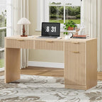 60" Executive Desk with Fluted Drawers, Wood Home Office Desk with Storage Cabinet, Charging Station, Fluted Computer Writing Desk for Study, Living Room.