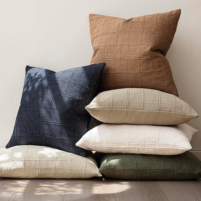 Foindtower Set of 2 Decorative Linen Check Throw Pillow Covers Neutral Farmhouse Vintage Cushion Covers Modern Boho Home Decor for Sofa Chair Couch Bedroom Living Room,18×18 Inch,Brick