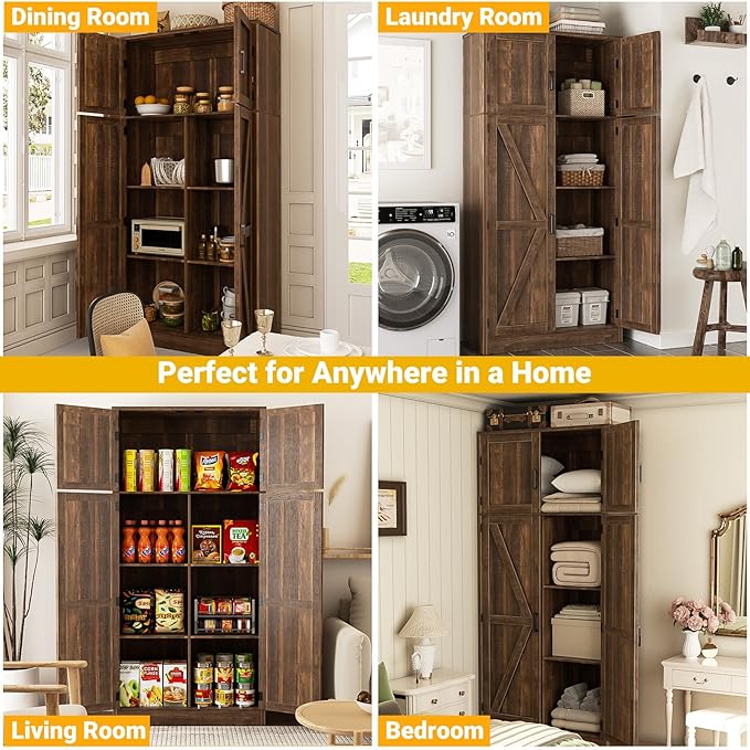 Unikito 71” Tall Storage Cabinet, Farmhouse Kitchen Pantry Cabinet with Adjustable Shelves and Barn Doors, Versatile Storage Cupboard for Dinning Room, Bathroom, Living Room, Weathered Brown, 2 Pack