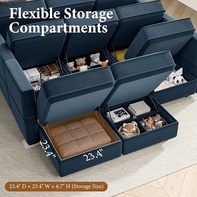 Vesgantti Modular Sofa Bed with Storage, 92" Sleeper Sofas with 9 Seats Storage Chaises Removeble Cover, Luxury Large Velvet Sectional Couch Set for Living Room, Apartment, Home Theatre, Blue