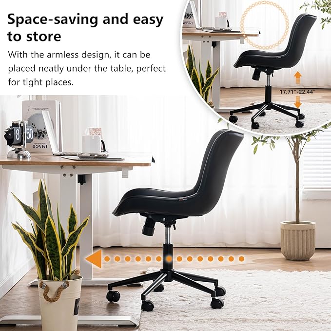 YOUNIKE Black Compact Home Office Desk Chair with Wheels Comfy Armless Cute Vanity Chair with Adjustable Rocking Back Modern Leather Upholstered Rolling Swivel Small Task Drafting Sewing Chair