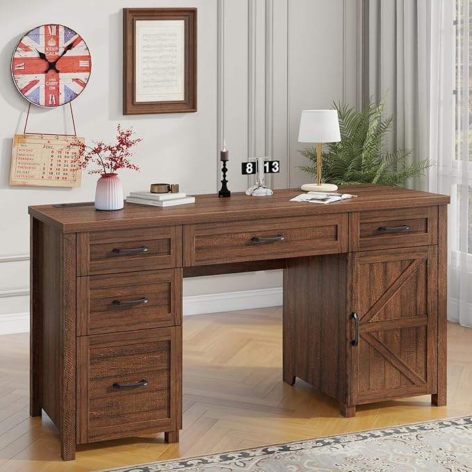 Farmhouse 61'' Executive Desk with 5 Drawers, Rustic Office Desk Computer Desk with Charging Station, File Drawers and Storage Cabinet, Wood Workstation for Study and Home Office. (Red-Brown)