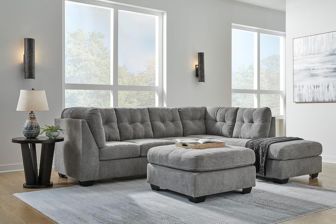 Signature Design by Ashley Marleton Contemporary Right-Arm Facing Tufted 2-Piece Sectional with Chaise and Loose Seat Cushions, Light Gray