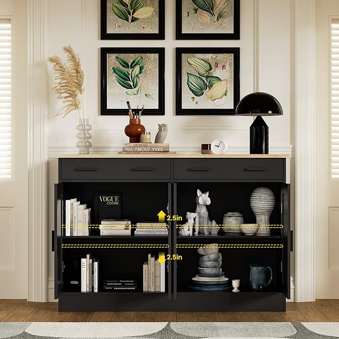 Black Sideboard Buffet with 4 Doors & 2 Drawers, Accent Coffee Bar, Kitchen Cabinet for Living Room, Kitchen or Hallway