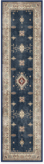 RUGGABLE Washable Vintage Runner Rug – Verena Sapphire 2.5x10, Stain-Resistant, Non-Slip Hallway Runner – Machine Washable Rug for Hallway, Entryway, Living Room & Kitchen–with Standard Pad