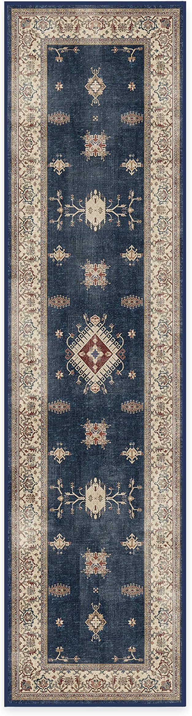 RUGGABLE Washable Vintage Runner Rug – Verena Sapphire 2.5x10, Stain-Resistant, Non-Slip Hallway Runner – Machine Washable Rug for Hallway, Entryway, Living Room & Kitchen–with Standard Pad