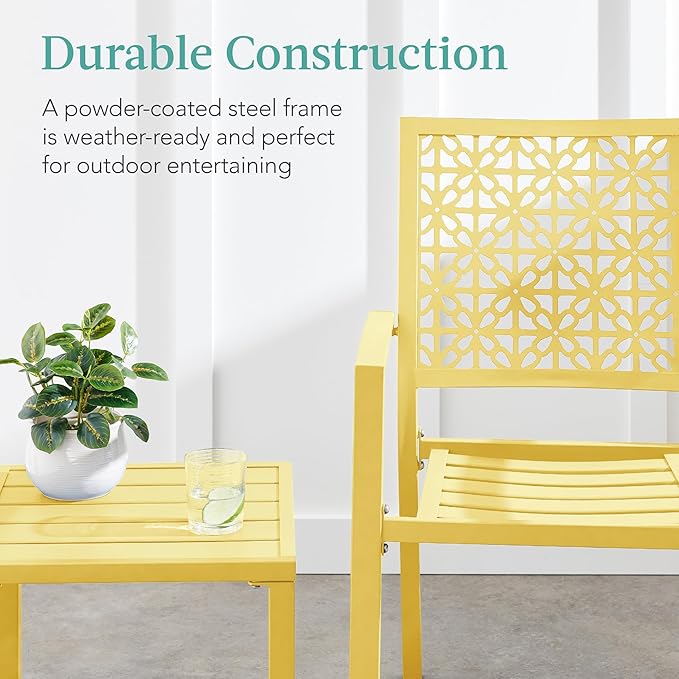 Best Choice Products 3-Piece Outdoor Bistro Set, Stackable Modern Steel Furniture for Porch, Garden w/ 2 Chairs, Table, Geometric Decor - Yellow