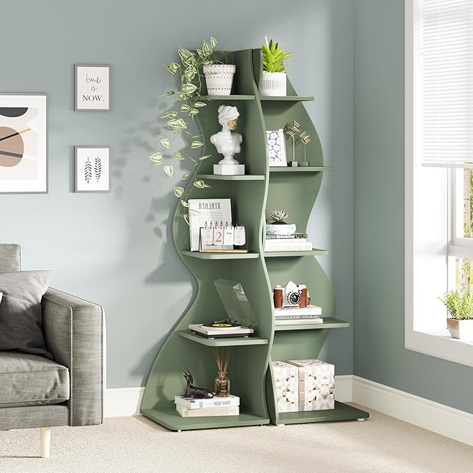 Tribesigns Corner Shelf, Modern 5-Tier Wall Corner Bookshelf, Stylish Corner Small Bookcase Storage Rack Plant Stand with Unique Shape for Living Room, Home Office (Sage Green, 1PC)