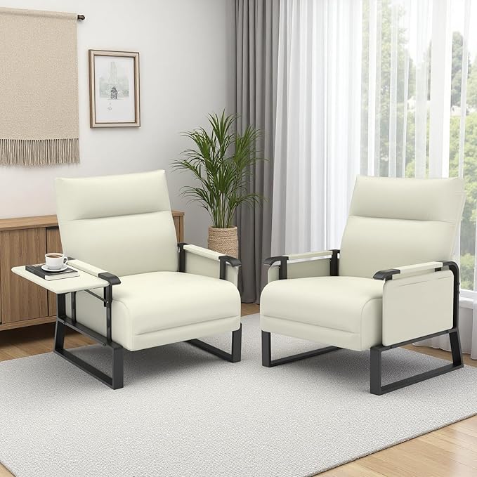 Upholstered Accent Chairs Set of 2, Modern Faux Leather Sofa Chairs with Foldable Side Tray Table & Storage Pocket, Small Accent Sofas for Living Room, Bedroom, Beige