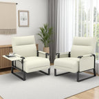 Upholstered Accent Chairs Set of 2, Modern Faux Leather Sofa Chairs with Foldable Side Tray Table & Storage Pocket, Small Accent Sofas for Living Room, Bedroom, Beige