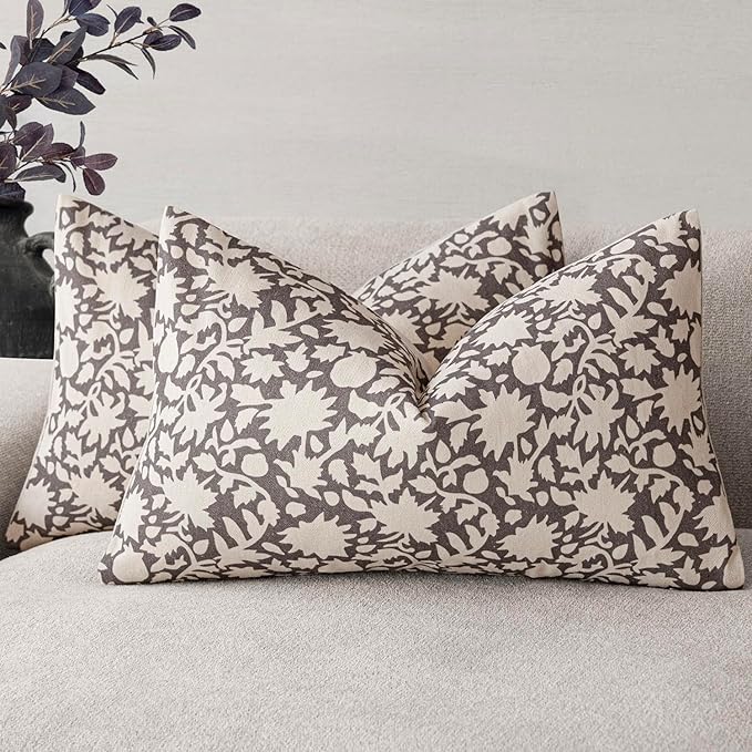 Foindtower Set of 2 Decorative Neutral Floral Throw Pillow Covers Accent Farmhouse Cushion Covers Boho Lumbar Pillowcase for Couch Sofa Bedroom Living Room Home Decor,12×20 Inch,Rustic Gray