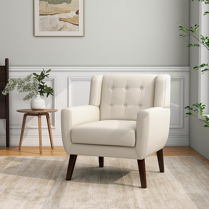 Accent Chair, Mid-Century Modern Fabric Chairs with Arms for Living Room, Comfy Upholstered Club Single Sofa Armchair for Bedroom Waiting Room with Solid Wood Frame (Fabric White, Set of 1)