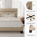 Allewie Twin Size Platform Bed Frame with Fabric Upholstered Headboard and Wooden Slats Support, Fully Upholstered Mattress Foundation/No Box Spring Needed/Easy Assembly, Beige