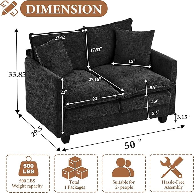 50" Loveseat Sofa Cloud Couch Small | Mini Chenille Love Seat Couches with 2 Pillows | 27.16" Deep Seat for Small Spaces Bedroom Dorm Apartment | Black