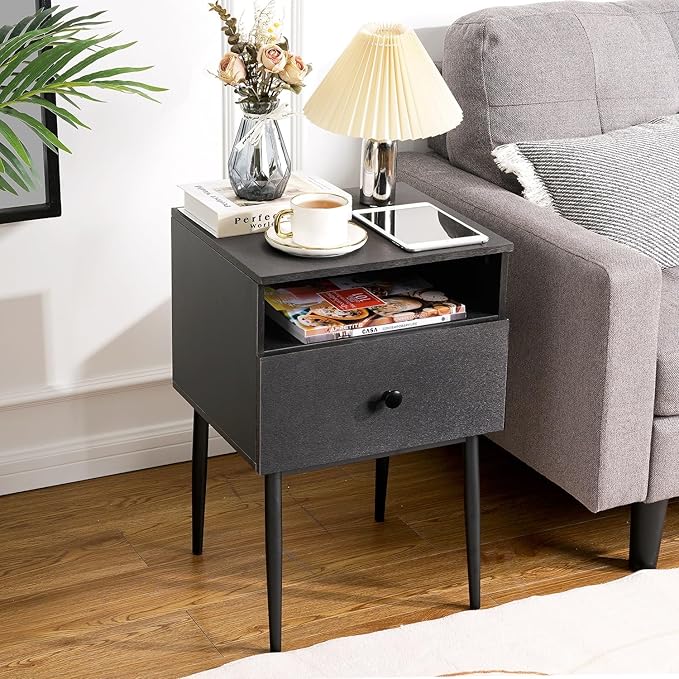 VECELO Modern Night Stand,Square Side Table,End Table with Drawer and Storage Space for Bedroom and Living Room,Bedside Table